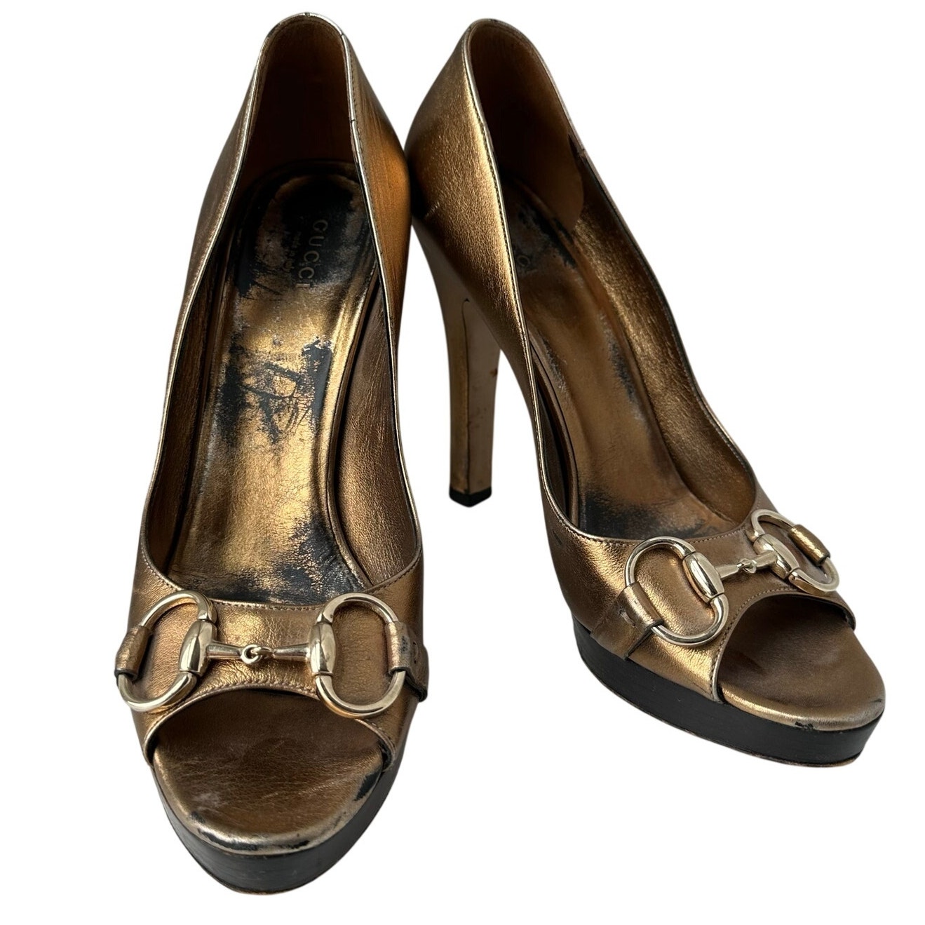 Gucci (7.5) Gold Metallic Leather Horsebit Peep Toe Pumps Luxury Designer
